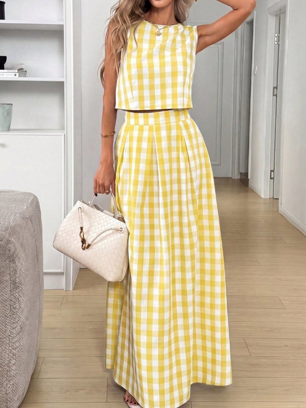 Yellow Casual Women's Plaid Sleeveless Top And Skirt Coord set